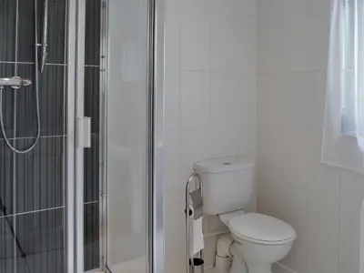 a white bathroom with a toilet and a shower at Wee Cordorcan - Uk5890 in Bargrennan