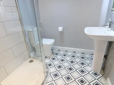 a bathroom with a shower and a toilet and a sink at Shepherd's Crook in Ambleside