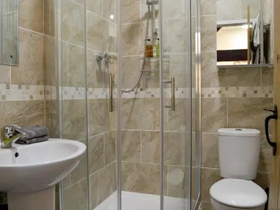 a bathroom with a shower and a toilet and a sink at Barn Owl Bothy in Westward