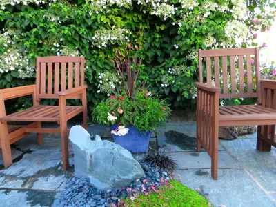 two wooden benches sitting next to a pot of flowers at Allerdale Guest House in Keswick