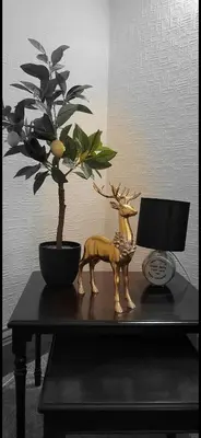 a table with a plant and a statue of a deer at Criffel Cottage in Dumfries