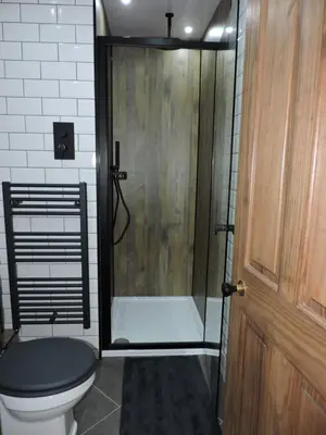 a bathroom with a shower with a toilet and a door at Scafell View Apartment, Wasdale, Lake District, Cumbria in Nether Wasdale