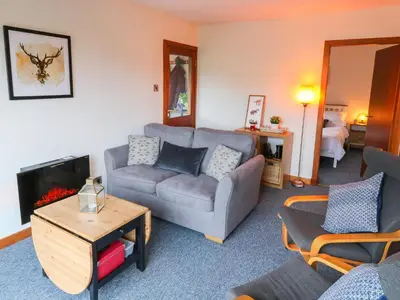 a living room with a couch and a fire place at Kestrel Lodge in Beeswing