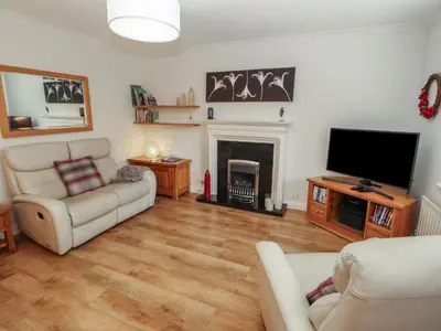 a living room with a television and a fireplace at Riverside Cottage in Cockermouth
