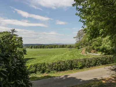a road leading to a field with trees at Garden Cottage in Castle Douglas