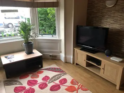 a living room with a television and a potted plant at Ravensworth House in Keswick