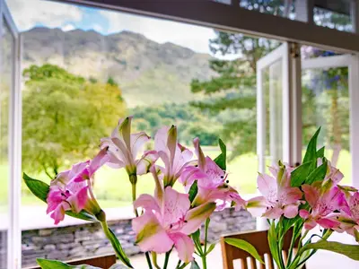 a vase of pink flowers sitting in front of a window at Glaramara Hotel in Borrowdale Valley