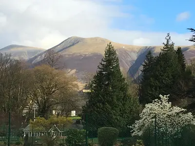 a group of trees with mountains in the background at Winchester House in Keswick