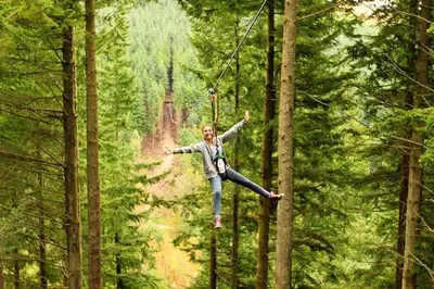 a girl is hanging on a rope swing in a forest at Stanger Cottage in Keswick