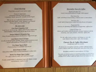 a picture of a menu in a book at Crow Park Hotel in Keswick
