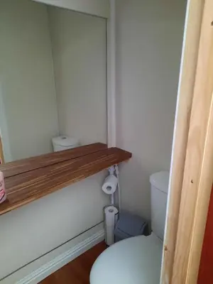 a bathroom with a toilet and a wooden shelf at The Townhouse Self Catering in Dumfries