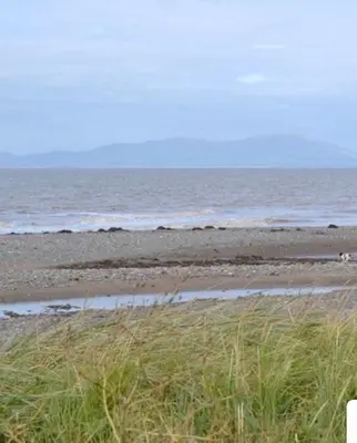 a beach with a body of water and some grass at Sea view cottage in Allonby