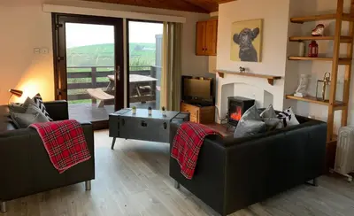 a living room with two couches and a fireplace at Lodge Cabin with Fabulous Views - Farm Holiday in Stranraer