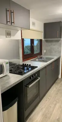 a kitchen with a stove top oven next to a microwave at Lodge Cabin with Fabulous Views - Farm Holiday in Stranraer