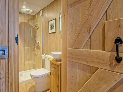a bathroom with a toilet and a shower and a sink at Little Oak - Uk5996 in Carsluith