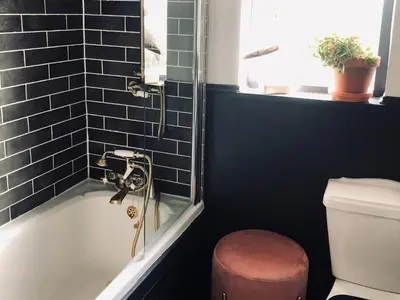 a bathroom with a shower with a toilet and a sink at Woodend in Maxwelltown
