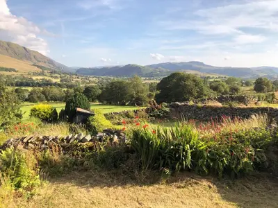a garden with flowers and mountains in the background at Cottam Road in Threlkeld