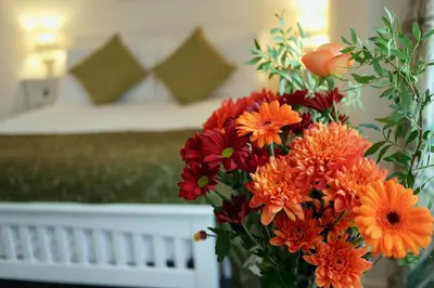 a vase filled with orange and red flowers on a table at Providence Cottage in Kirkcudbright