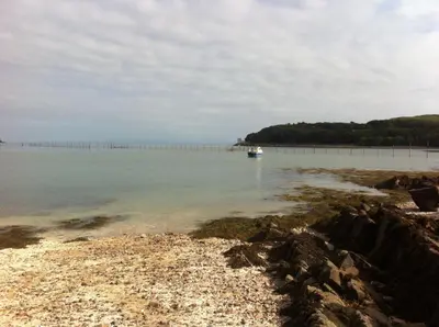 a boat in the water next to a beach at Tower Lodge in Auchencairn