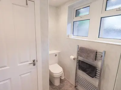 a white bathroom with a toilet and two windows at Rock Cottage in Keswick