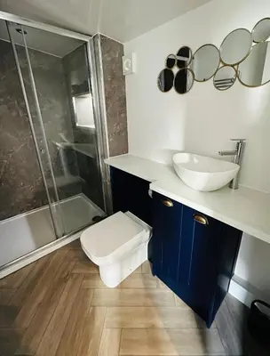 a bathroom with a toilet and a sink and a shower at Hazells Lodge Farm Stay Sleeps 2 Undercover Hottub and Pool Table in Galston