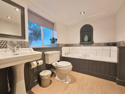 a bathroom with a toilet and a sink and a tub at Derwent Manor Apartments in Keswick