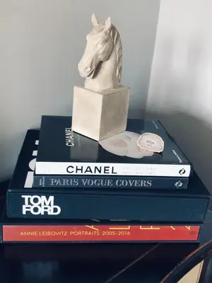 a stack of books with a statue of a horse on top at Woodend Cottage in Dumfries