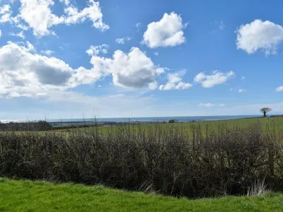 a field of grass with a blue sky and clouds at Black Coombe-Uk1392 in Corney