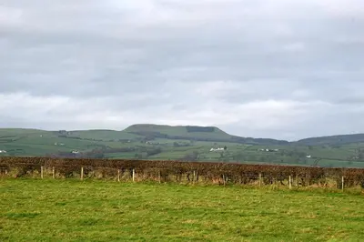 a field with a fence and mountains in the background at Bonshawbrae in Kirtlebridge