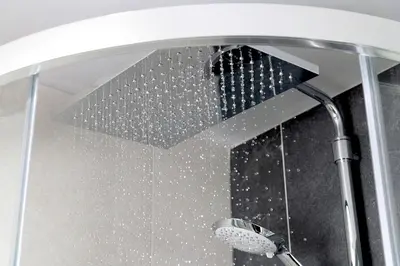 a shower with a glass door with a shower head at Keswick Lake Road Apartments in Keswick