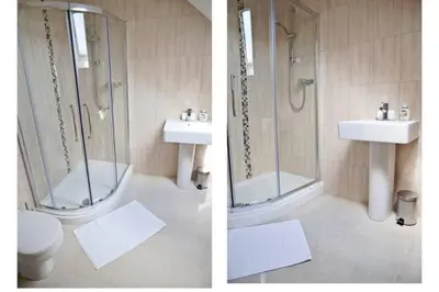 two pictures of a bathroom with a shower and a sink at Bamflatt Farm Bed & Breakfast in Strathaven