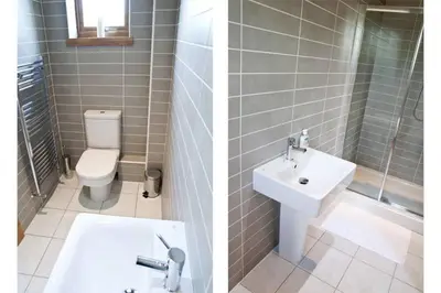 two pictures of a bathroom with a toilet and a sink at Bamflatt Farm Bed & Breakfast in Strathaven