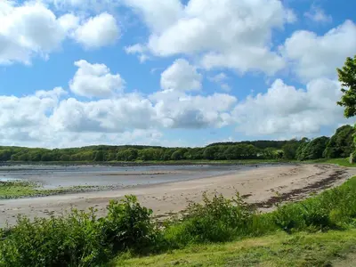 a sandy beach with trees and clouds in the sky at Shore Cottage - Uk12524 in Garlieston