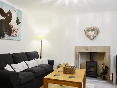 a living room with a couch and a fireplace at High Birch Close in Patterdale