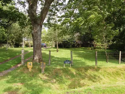 a park with a tree and signs in the grass at High Birch Close in Patterdale