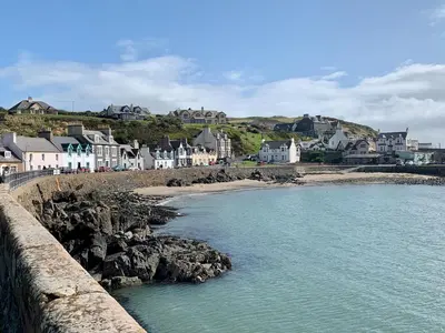 a view of a beach with houses and buildings at Saltlife Cottage in Port William