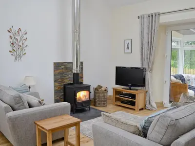 a living room with a fireplace and a tv at Swallows in Girthon