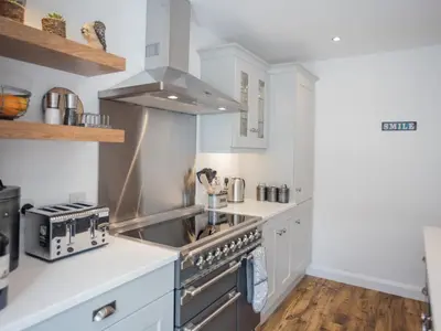 a kitchen with a sink and a stove top oven at Squirrel Cottage in Stranraer