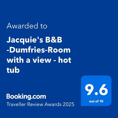 a screenshot of a phone with the text awarded to jacobs bbc dun at Jacquie's B&B -Dumfries-Room with a view in Dumfries