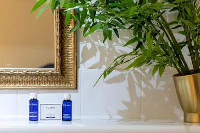 a mirror and two bottles ofodorizers on a table with a plant at Walker Suite No53 - Donnini Apartments in Kilmarnock