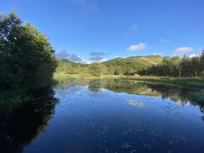 a view of a river with trees and mountains at Rabbie Burns Lodge in Maybole
