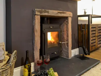 a wood stove with two glasses of wine and grapes at Terraughtie Cottage East-Uk31767 in Terreglestown