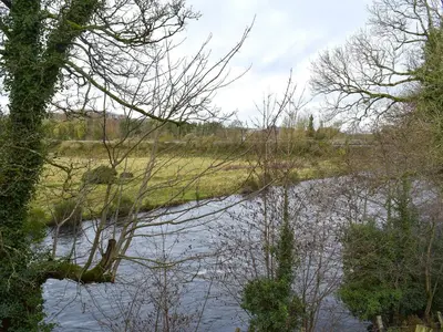 a river in a field with trees at Machermore Castle in Newton Stewart