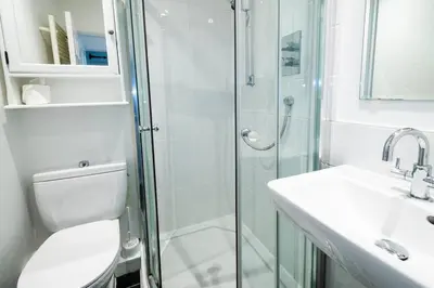 a bathroom with a shower and a toilet and a sink at Pippins, Elterwater in Chapel Stile