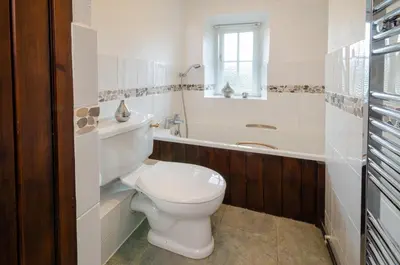 a bathroom with a white toilet and a bath tub at Nans, Elterwater in Chapel Stile