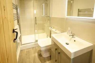 a bathroom with a toilet and a sink and a shower at The Old Post Office, Chapel Stile in Chapel Stile