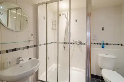 a bathroom with a shower and a sink and a toilet at The Stables, Elterwater in Elterwater