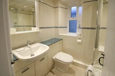 a bathroom with a toilet and a sink and a shower at Woodland Crag Cottage, Grasmere in Grasmere