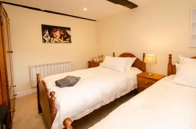a bedroom with two beds and a picture on the wall at Anns Cottage, Chapel Stile in Chapel Stile
