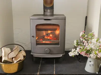 a stove with a fire in a room with flowers at Beckside Cottage in Welton